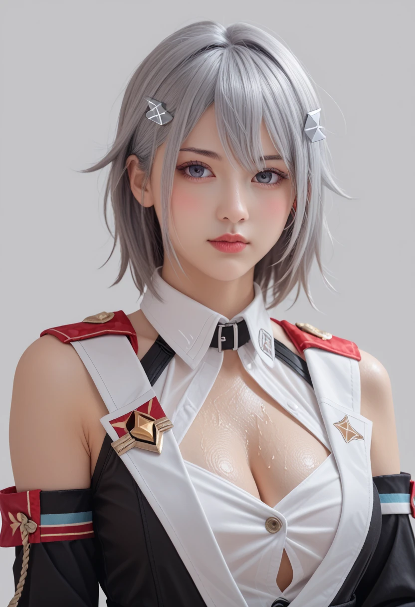  hair ornament, hairpin, silver hairpin, black detached sleeves, black hand sleeves, red shoulder cutout, white collared shirt, unbuttoned shirt, gloves, cleavage, cleavage cutout, clothing cutout, topaz honkai star rail, photorealistic portrait, HD 8K, detailed skin face, transparent background, simple portrait photography, make up, cute s gilrl, sideboob, looking at viewers, white skin, blushing, wet, sexy lips, sexy expression