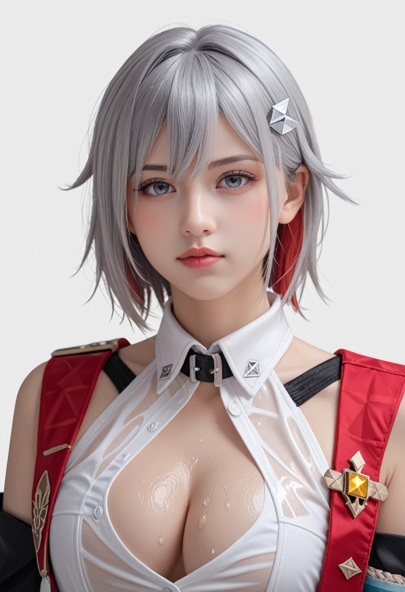  hair ornament, hairpin, silver hairpin, black detached sleeves, black hand sleeves, red shoulder cutout, white collared shirt, unbuttoned shirt, gloves, cleavage, cleavage cutout, clothing cutout, topaz honkai star rail, photorealistic portrait, HD 8K, detailed skin face, transparent background, simple portrait photography, make up, cute s gilrl, sideboob, looking at viewers, white skin, blushing, wet, sexy lips, sexy expression