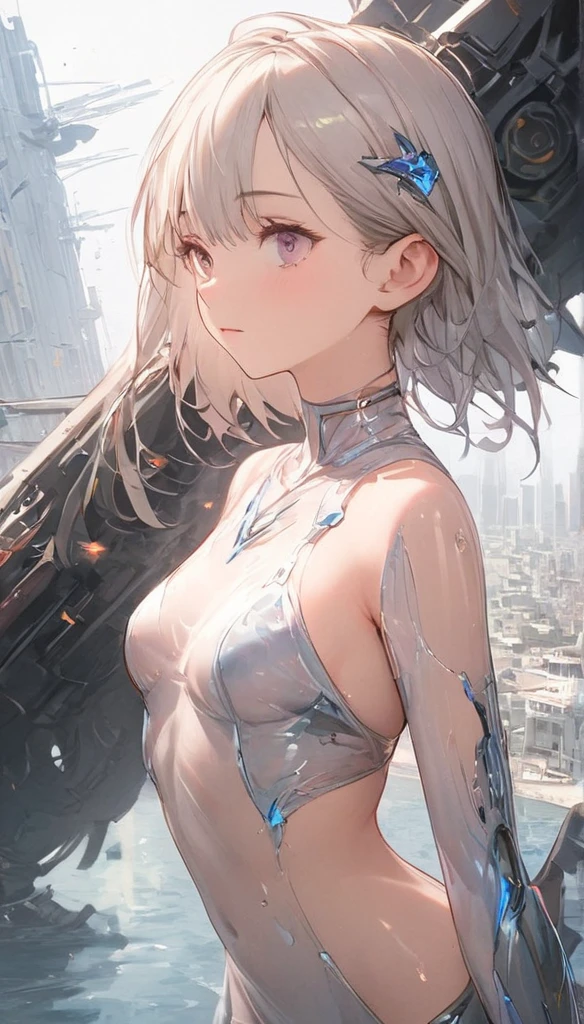 (( Robot Girl , Mecha)), Shining Eyes, delicate face, Broken Armor, Mechanical aura, Mechanical arm, Grey Hair,  long hair,  Girl Human Arm and Thigh , gap,  small breasts, Cyber background , Very nice city, (translucent, reflective skin), 8k,  best quality, ultra-detailed, ( Surrealism: 1.4),  