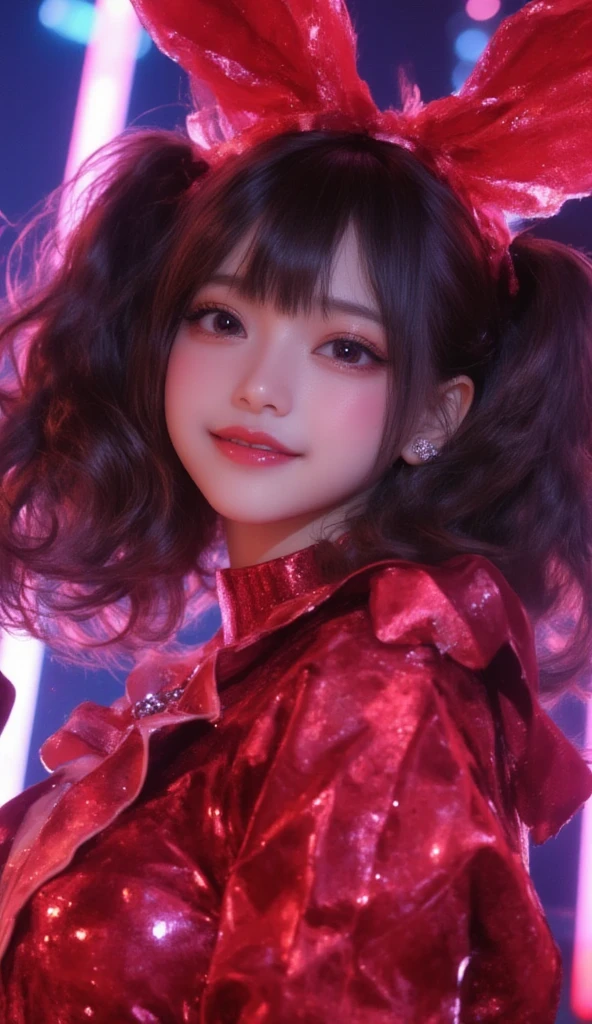 Mirin Furukawa of Japanese idol group Dempagumi.inc performs, ((8k, best image quality, masterpiece:1.2)), (realistic), (depth of field: 1.2), 30's beautiful Japan woman, dynamic angle, (1 person:1.3), 1 girl, idol, red costume, (red ultimate sailor idol dress), colorful idol dress, volumetric lighting, Highly Detailed Face and Skin Texture, Delicate Eyes, Twin tails rabbit style Black Haircut, flowing hair, cute smile, microphone, neon lights, neon rim lights, laser beam on stage, psyllium, spotlights, cowboy shots, moody lighting, concert venue, on stage, (audience around stage: 1.5), (singing with microphone on stage:1.5), Complex Detail, (Round Face: 2.0), (Exploding Pixel Particles:1.2), Dynamic Lighting, From Below, oil painting, ink artistic conception, charming, ((fine facial features)), dramatic lighting, Realistic, highly detailed, Cinematic Composition, dark moody vibe, Dramatic Shadows, Intricate and elaborate pattern, 30 megapixel, chiaroscuro lighting, moody color palette, deep contrast, super real, real paint texture, A fusion of the styles of Katsuya Terada, Range Murata, Akiman and JUNNY