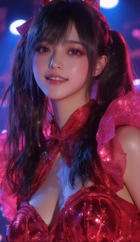 Mirin Furukawa of Japanese idol group Dempagumi.inc performs, ((8k, best image quality, masterpiece:1.2)), (realistic), (depth of field: 1.2), 30's beautiful Japan woman, dynamic angle, (1 person:1.3), 1 girl, idol, red costume, (red ultimate sailor idol dress), colorful idol dress, volumetric lighting, Highly Detailed Face and Skin Texture, Delicate Eyes, Twin tails rabbit style Black Haircut, flowing hair, cute smile, microphone, neon lights, neon rim lights, laser beam on stage, psyllium, spotlights, cowboy shots, moody lighting, concert venue, on stage, (audience around stage: 1.5), (singing with microphone on stage:1.5), Complex Detail, (Round Face: 2.0), (Exploding Pixel Particles:1.2), Dynamic Lighting, From Below, oil painting, ink artistic conception, charming, ((fine facial features)), dramatic lighting, Realistic, highly detailed, Cinematic Composition, dark moody vibe, Dramatic Shadows, Intricate and elaborate pattern, 30 megapixel, chiaroscuro lighting, moody color palette, deep contrast, super real, real paint texture, A fusion of the styles of Katsuya Terada, Range Murata, Akiman and JUNNY