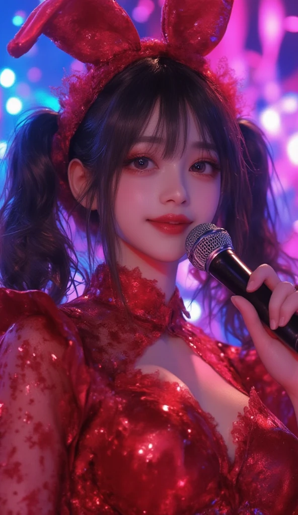 Mirin Furukawa of Japanese idol group Dempagumi.inc performs, ((8k, best image quality, masterpiece:1.2)), (realistic), (depth of field: 1.2), 30's beautiful Japan woman, dynamic angle, (1 person:1.3), 1 girl, idol, red costume, (red ultimate sailor idol dress), colorful idol dress, volumetric lighting, Highly Detailed Face and Skin Texture, Delicate Eyes, Twin tails rabbit style Black Haircut, flowing hair, cute smile, microphone, neon lights, neon rim lights, laser beam on stage, psyllium, spotlights, cowboy shots, moody lighting, concert venue, on stage, (audience around stage: 1.5), (singing with microphone on stage:1.5), Complex Detail, (Round Face: 2.0), (Exploding Pixel Particles:1.2), Dynamic Lighting, From Below, oil painting, ink artistic conception, charming, ((fine facial features)), dramatic lighting, Realistic, highly detailed, Cinematic Composition, dark moody vibe, Dramatic Shadows, Intricate and elaborate pattern, 30 megapixel, chiaroscuro lighting, moody color palette, deep contrast, super real, real paint texture, A fusion of the styles of Katsuya Terada, Range Murata, Akiman and JUNNY