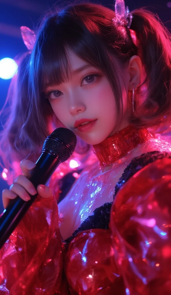 Mirin Furukawa of Japanese idol group Dempagumi.inc performs, ((8k, best image quality, masterpiece:1.2)), (realistic), (depth of field: 1.2), 30's beautiful Japan woman, dynamic angle, (1 person:1.3), 1 girl, idol, red costume, (red ultimate sailor idol dress), colorful idol dress, volumetric lighting, Highly Detailed Face and Skin Texture, Delicate Eyes, Twin tails rabbit style Black Haircut, flowing hair, cute smile, microphone, neon lights, neon rim lights, laser beam on stage, psyllium, spotlights, cowboy shots, moody lighting, concert venue, on stage, (audience around stage: 1.5), (singing with microphone on stage:1.5), Complex Detail, (Round Face: 2.0), (Exploding Pixel Particles:1.2), Dynamic Lighting, From Below, oil painting, ink artistic conception, charming, ((fine facial features)), dramatic lighting, Realistic, highly detailed, Cinematic Composition, dark moody vibe, Dramatic Shadows, Intricate and elaborate pattern, 30 megapixel, chiaroscuro lighting, moody color palette, deep contrast, super real, real paint texture, A fusion of the styles of Katsuya Terada, Range Murata, Akiman and JUNNY