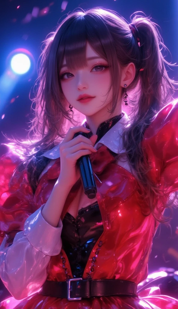 Mirin Furukawa of Japanese idol group Dempagumi.inc performs, ((8k, best image quality, masterpiece:1.2)), (realistic), (depth of field: 1.2), 30's beautiful Japan woman, dynamic angle, (1 person:1.3), 1 girl, idol, red costume, (red ultimate sailor idol dress), colorful idol dress, volumetric lighting, Highly Detailed Face and Skin Texture, Delicate Eyes, Twin tails rabbit style Black Haircut, flowing hair, cute smile, microphone, neon lights, neon rim lights, laser beam on stage, psyllium, spotlights, cowboy shots, moody lighting, concert venue, on stage, (audience around stage: 1.5), (singing with microphone on stage:1.5), Complex Detail, (Round Face: 2.0), (Exploding Pixel Particles:1.2), Dynamic Lighting, From Below, oil painting, ink artistic conception, charming, ((fine facial features)), dramatic lighting, Realistic, highly detailed, Cinematic Composition, dark moody vibe, Dramatic Shadows, Intricate and elaborate pattern, 30 megapixel, chiaroscuro lighting, moody color palette, deep contrast, super real, real paint texture, A fusion of the styles of Katsuya Terada, Range Murata, Akiman and JUNNY