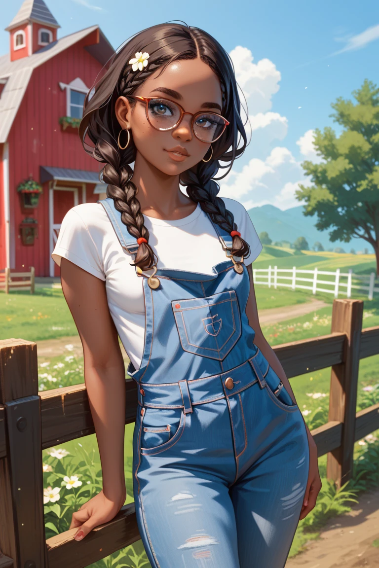 1girl, melanin skin, two long black braids, average looking, tall, glasses, skinny build, small breasts, light blue overalls, on a farm, red barn in background, flirtatious, Looking at viewer(ultra detailed, masterpiece)