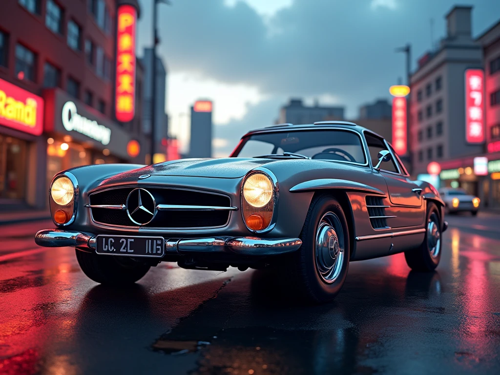 vintage car Mercedes AMG, enhanced in a distinct JDM flair, placed strategically on an urban cityscape, clear sky with dimming sunset hues, neon signs reflecting on polished exterior, crisp lines of the car contrasting sharply with the blurred, vibrant city lights in the background, artistic caricature, detailed realism, low angle view, ultra HD digital art, dynamic perspective, gravitational effects, detailed reflections, ultra-realistic textures.