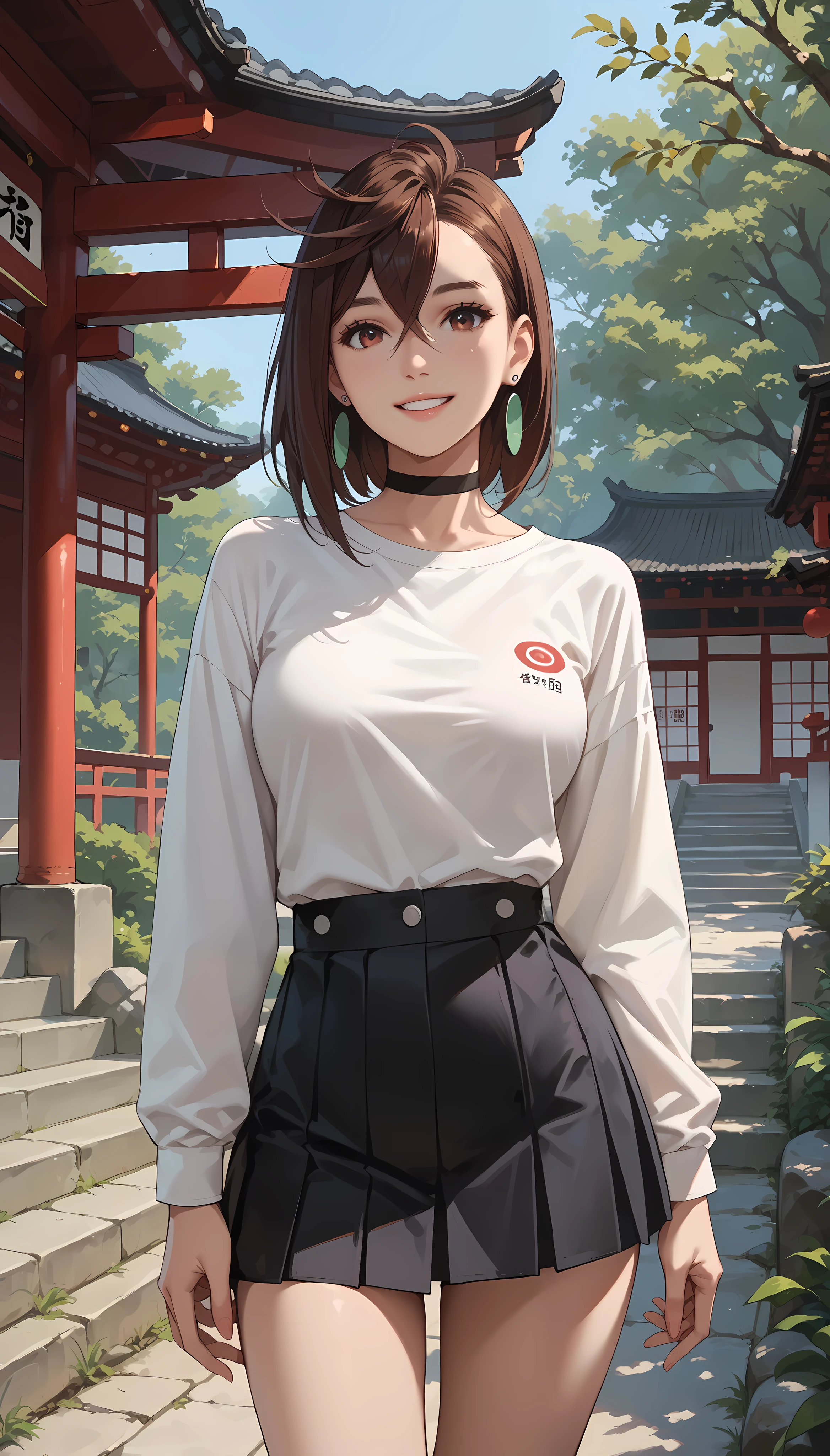 Ayase Momo, The taste of  ,medium hair, brown hair,brown eyes,smile,medium breasts, slender body,white T_shirt,long sleeve,black mini skirt,alternate costume,earring、black choker,standing,shrine、Japan、