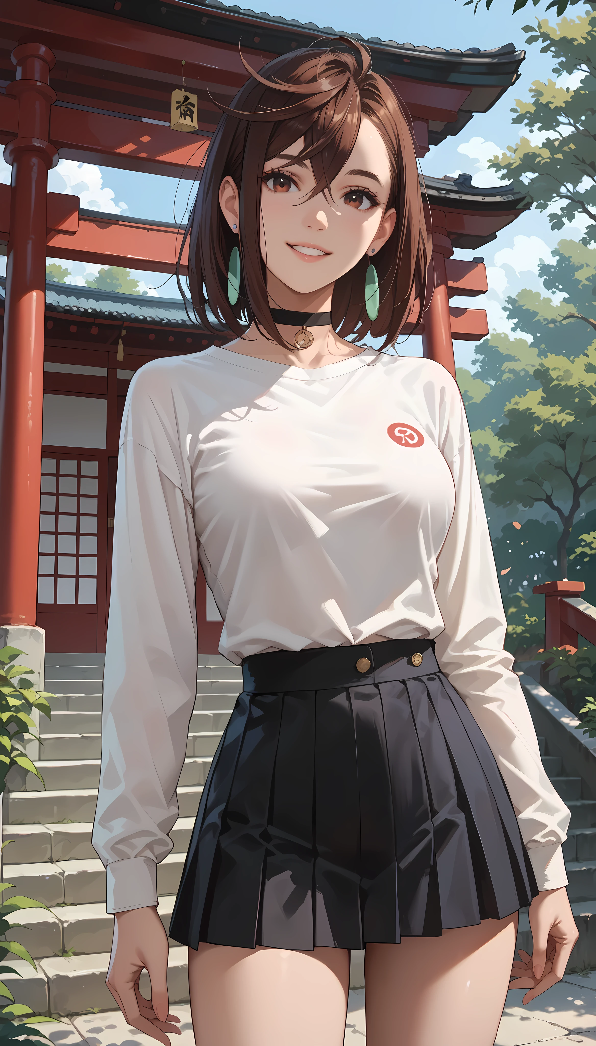 Ayase Momo, The taste of  ,medium hair, brown hair,brown eyes,smile,medium breasts, slender body,white T_shirt,long sleeve,black mini skirt,alternate costume,earring、black choker,standing,shrine、Japan、