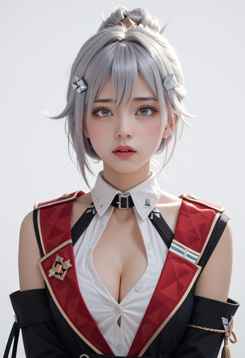  hair ornament, hairpin, silver hairpin, black detached sleeves, black hand sleeves, red shoulder cutout, white collared shirt, unbuttoned shirt, gloves, cleavage, cleavage cutout, clothing cutout, topaz honkai star rail, photorealistic portrait, HD 8K, detailed skin face, transparent background, simple portrait photography, make up, cute s gilrl, looking at viewers, white skin, folded ponytail, eye looking at viewers, sexy lips, masturbating, shy, blushing, sweating, sexual invite expression, embarrassed, cumming expression, scream,