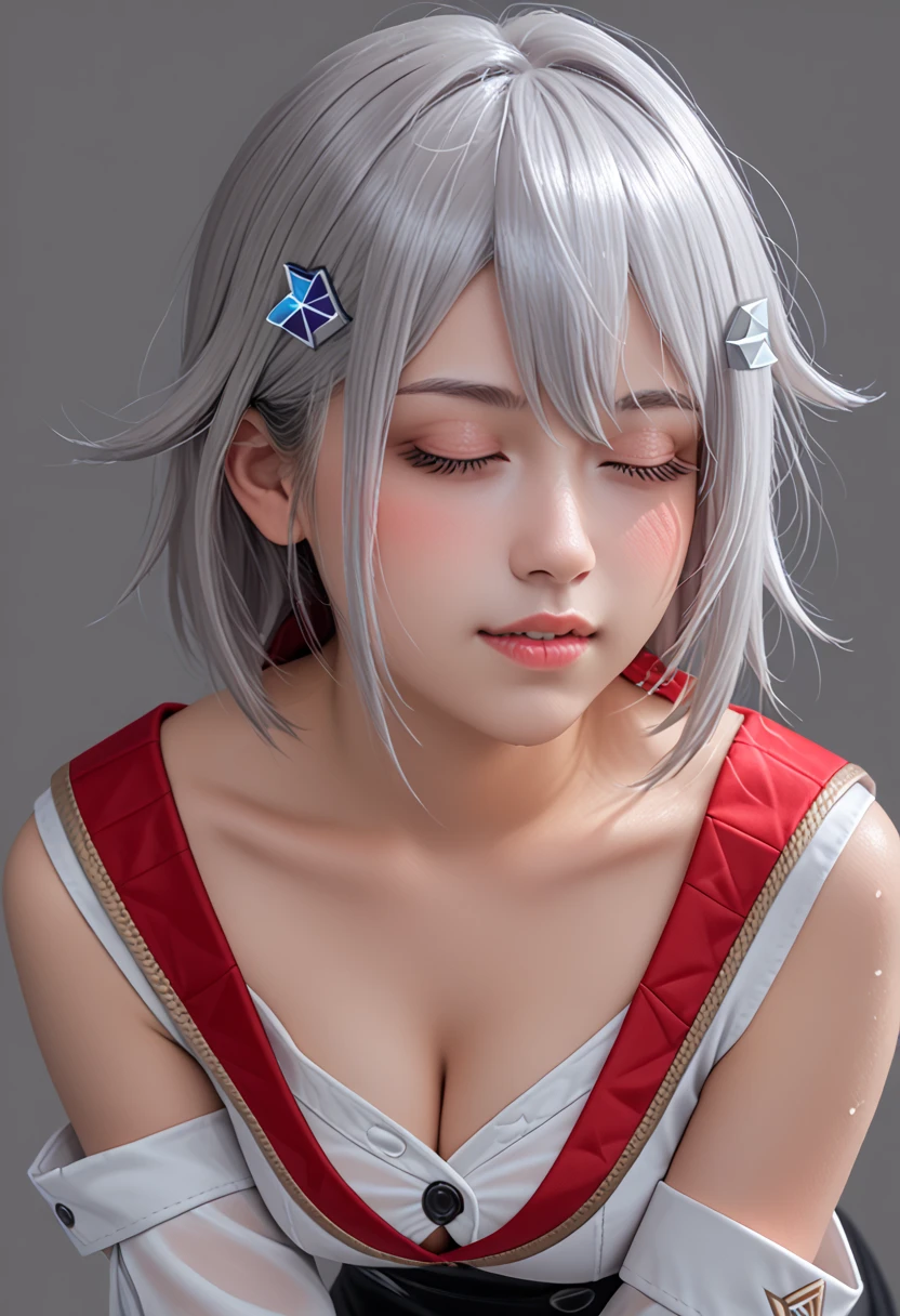  hair ornament, hairpin, silver hairpin, black detached sleeves, black hand sleeves, red shoulder cutout, white collared shirt, unbuttoned shirt, gloves, cleavage, cleavage cutout, clothing cutout, topaz honkai star rail, photorealistic portrait, HD 8K, detailed skin face, transparent background, simple portrait photography, make up, cute s gilrl, looking at viewers, white skin, blushing, wet, sexy lips, sexy expression, leaning forward, moaning, biting lips, closed eye, vibrator in, masturbating