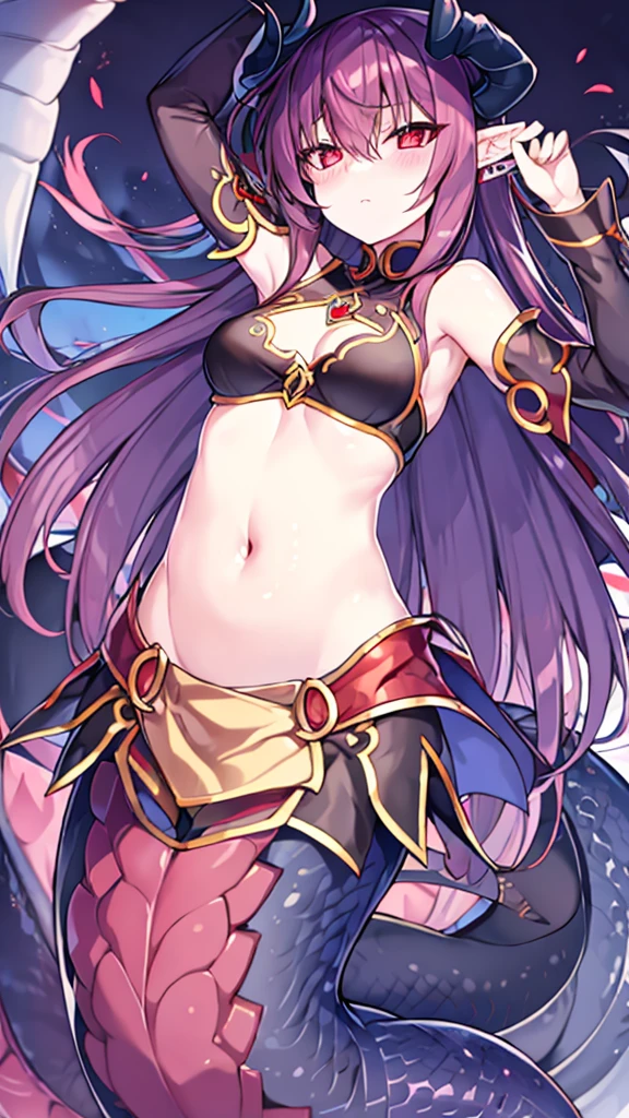 young girl, Long brown hair, Heterochromia, golden and purple eyes, Purple robe, Sleeveless, Deep neckline on the chest, open breasts, open belly, ssmile, Masterpiece, hiquality, high detail, HD, 4k