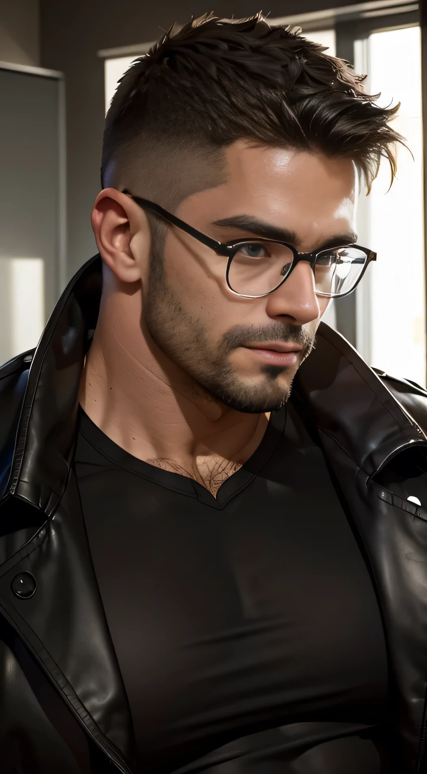 Award-winning original photography, rough hairy man, (30 year olds), 2nd son, (Black trench coat), (black dress shirt), ( muscles, stump, short beard, beautiful eyes:1.3, ), (detailed face:1.3), wearing glasses, smile, dynamic angle, volumetric lighting, (best quality, high resolution, realistic), cinematic lighting, masterpiece, RAW photos, intricate details, hdr, depth of field, full shot