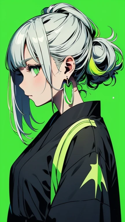 masterpiece, very aesthetic, best quality, 4k, wallpaper, solo, 1 girl, japanese girl, 20 yo, attractive face, cool face, full body shot, standing, twerk, dynamic pose, vibrant hues, outstanding color sense, flat color, green theme, abstract background color, background color emphasizing character, smooth skin, strong contrast, no unnecessary complexity, simple and sharp line art, thick outline, cartoon style, anime style, semi-realistic profile, a melancholy expression, slightly mysterious, emerald eyes, glow eyes, perfect eyes, eye details with a touch of realism, half-open eyes, one length hair, colored inner hair, silver hair, neon green hair, straight and sharp drawing, large hoop earrings, white shirt, chic, elegant, splash paint background