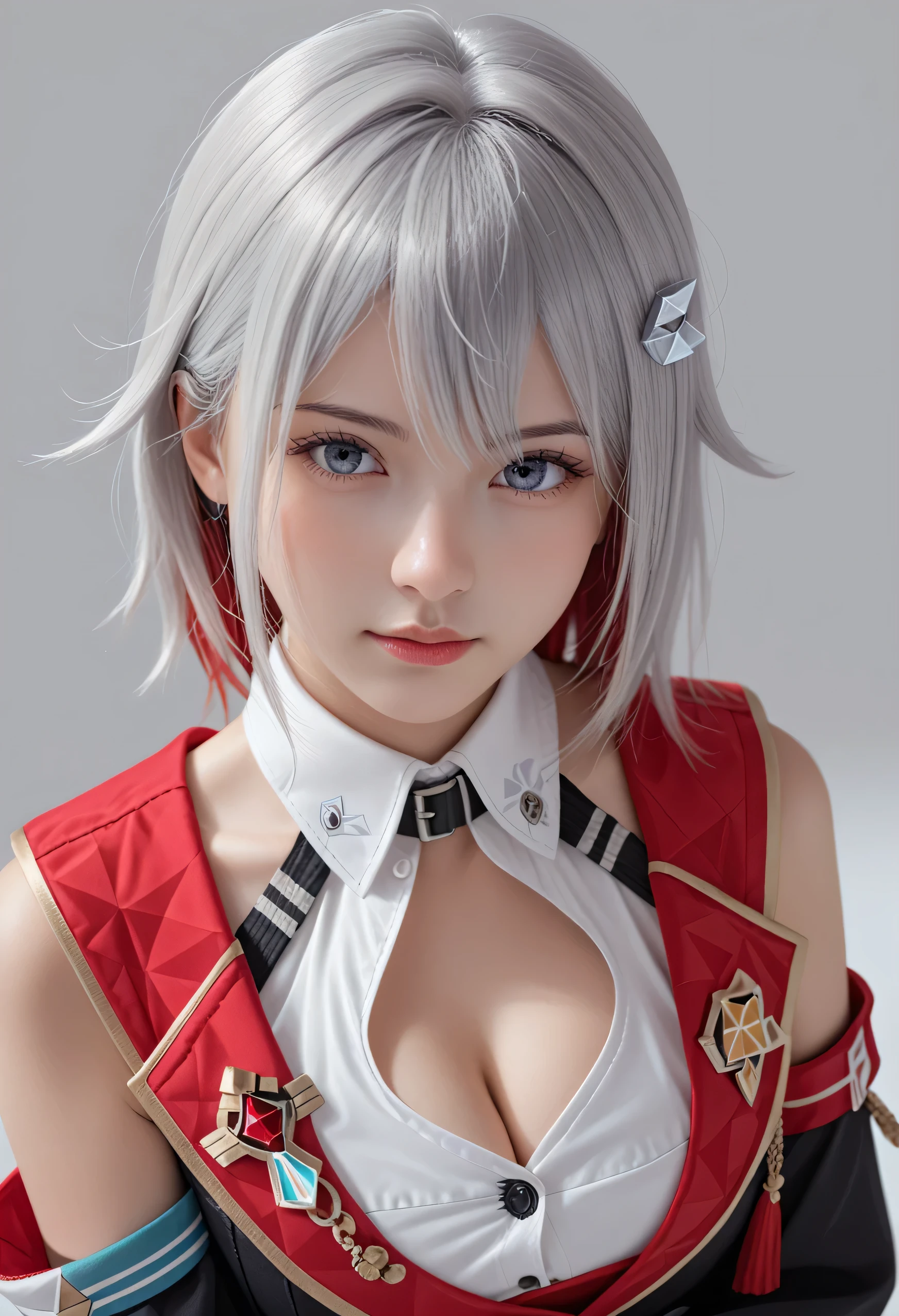  hair ornament, hairpin, silver hairpin, black detached sleeves, black hand sleeves, red shoulder cutout, white collared shirt, unbuttoned shirt, gloves, cleavage, cleavage cutout, clothing cutout, topaz honkai star rail, photorealistic portrait, HD 8K, detailed skin face, transparent background, simple portrait photography, make up, cute s gilrl, from above, looking at viewers, white skin