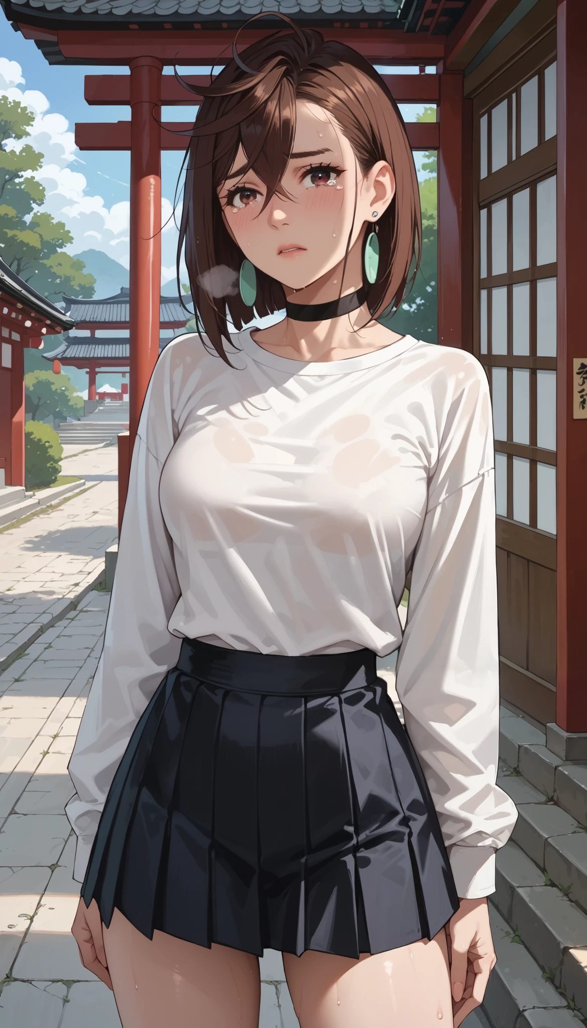 Ayase Momo, The taste of ,medium hair, brown hair,brown eyes,shy,tears,Heavy breathing、medium breasts, slender body,heavy sweat,white T_shirt,long sleeve,tight fit miniskirt,black skirt,alternate costume,earring、black choker,standing,White sneakers、shrine、Japan、