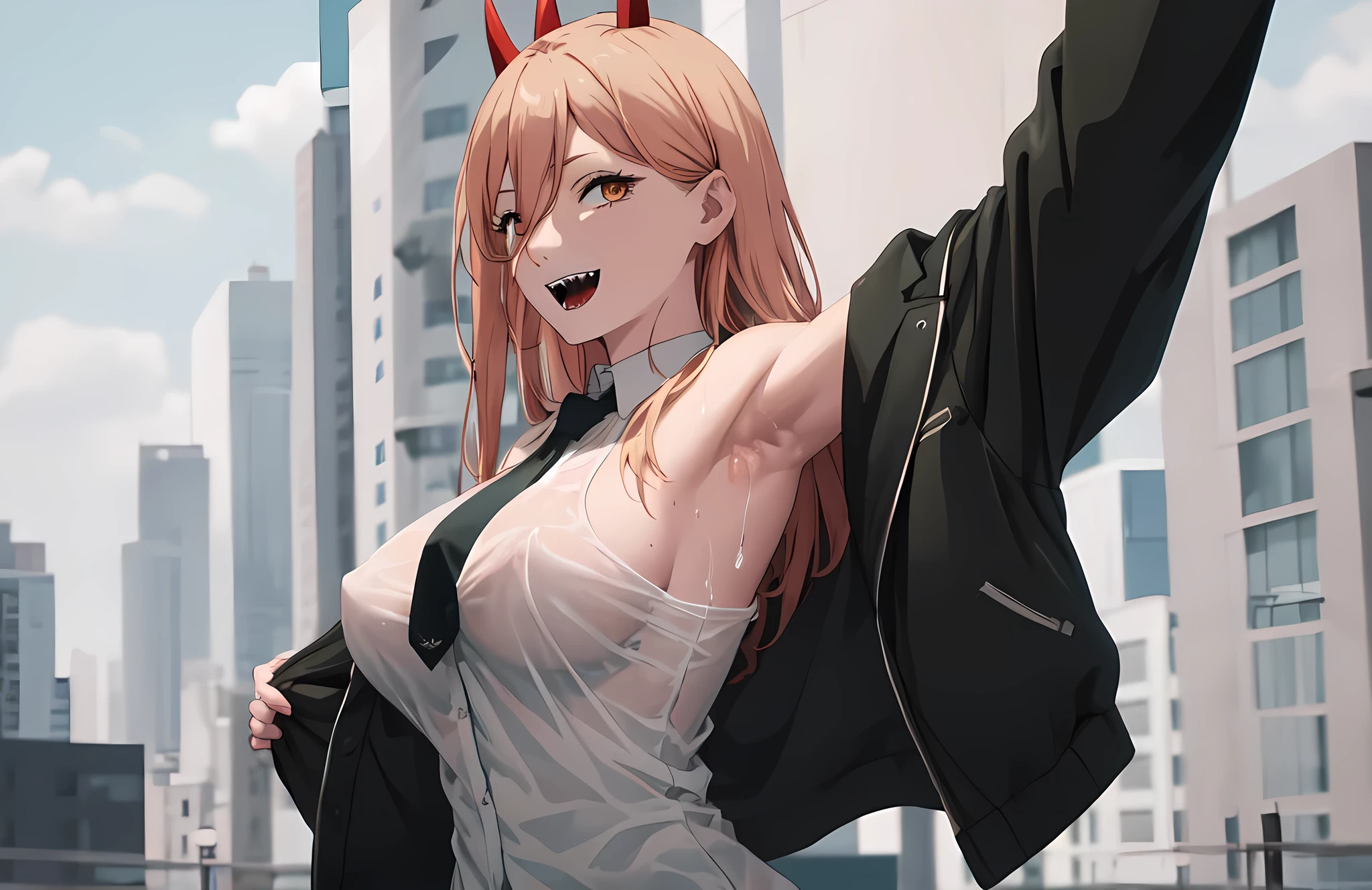 Detailed face, best quality, masterpiece, highres, solo, (power_chainsawman), 1girl, black jacket, black necktie, collared shirt, looking at viewer, sharp teeth, white shirt, smile, open mouth, orange eyes, perfect proportions, big breast, showing perfect ass, half naked. (((half naked))) city background, wet shirt, (((showing armpits))) city background. 