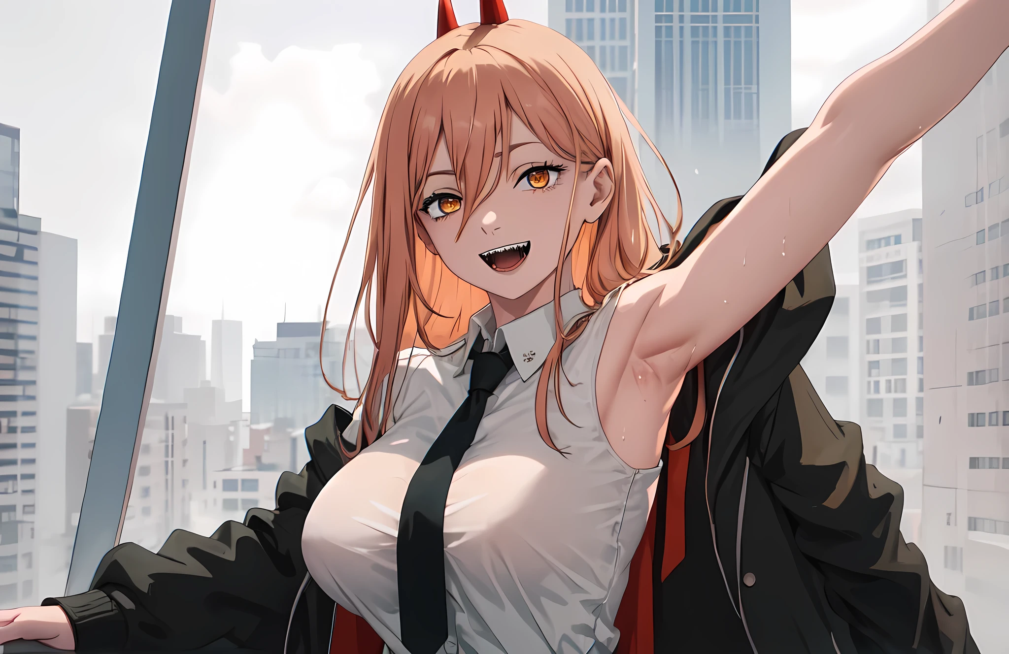 Detailed face, best quality, masterpiece, highres, solo, (power_chainsawman), 1girl, black jacket, black necktie, collared shirt, looking at viewer, sharp teeth, white shirt, smile, open mouth, orange eyes, perfect proportions, big breast, showing perfect ass, half naked. (((half naked))) city background, wet shirt, (((showing armpits))) city background. 