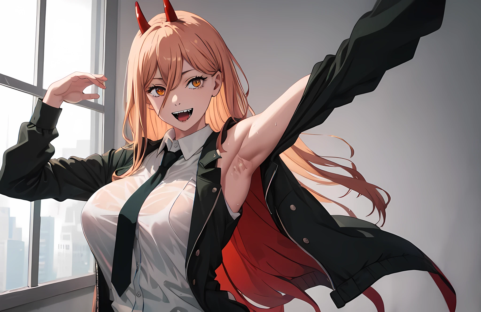 Detailed face, best quality, masterpiece, highres, solo, (power_chainsawman), 1girl, black jacket, black necktie, collared shirt, looking at viewer, sharp teeth, white shirt, smile, open mouth, orange eyes, perfect proportions, big breast, showing perfect ass, half naked. (((half naked))) city background, wet shirt, (((showing armpits))) city background. 