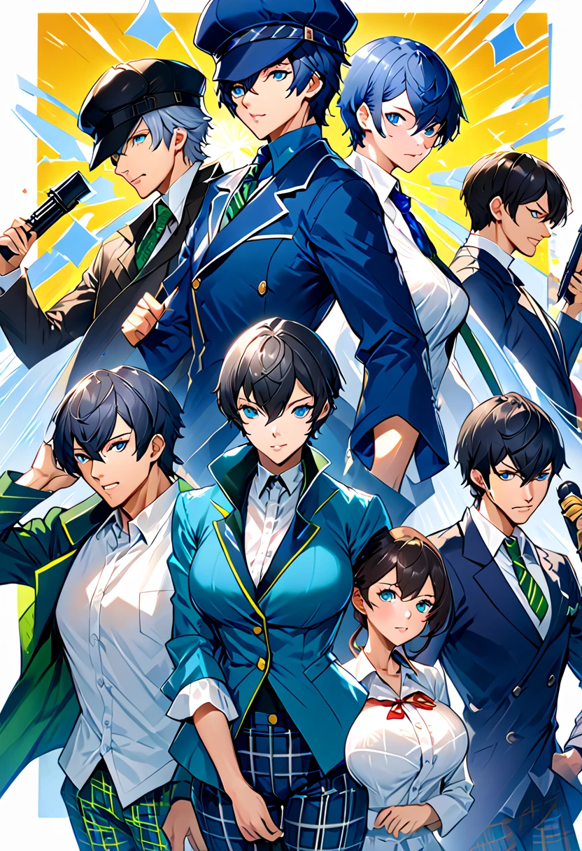 Naoto Shirogane, Persona 4, short blue hair, blue eyes, 46GG, blue cabbie hat, blue high-collared men's jacket, white long-sleeved shirt, blue ribbon necktie, green plaid pants, huge breasts, naotodetective, cabbie hat, blue coat, buttons, neck ribbon, long sleeves, green pants, plaid