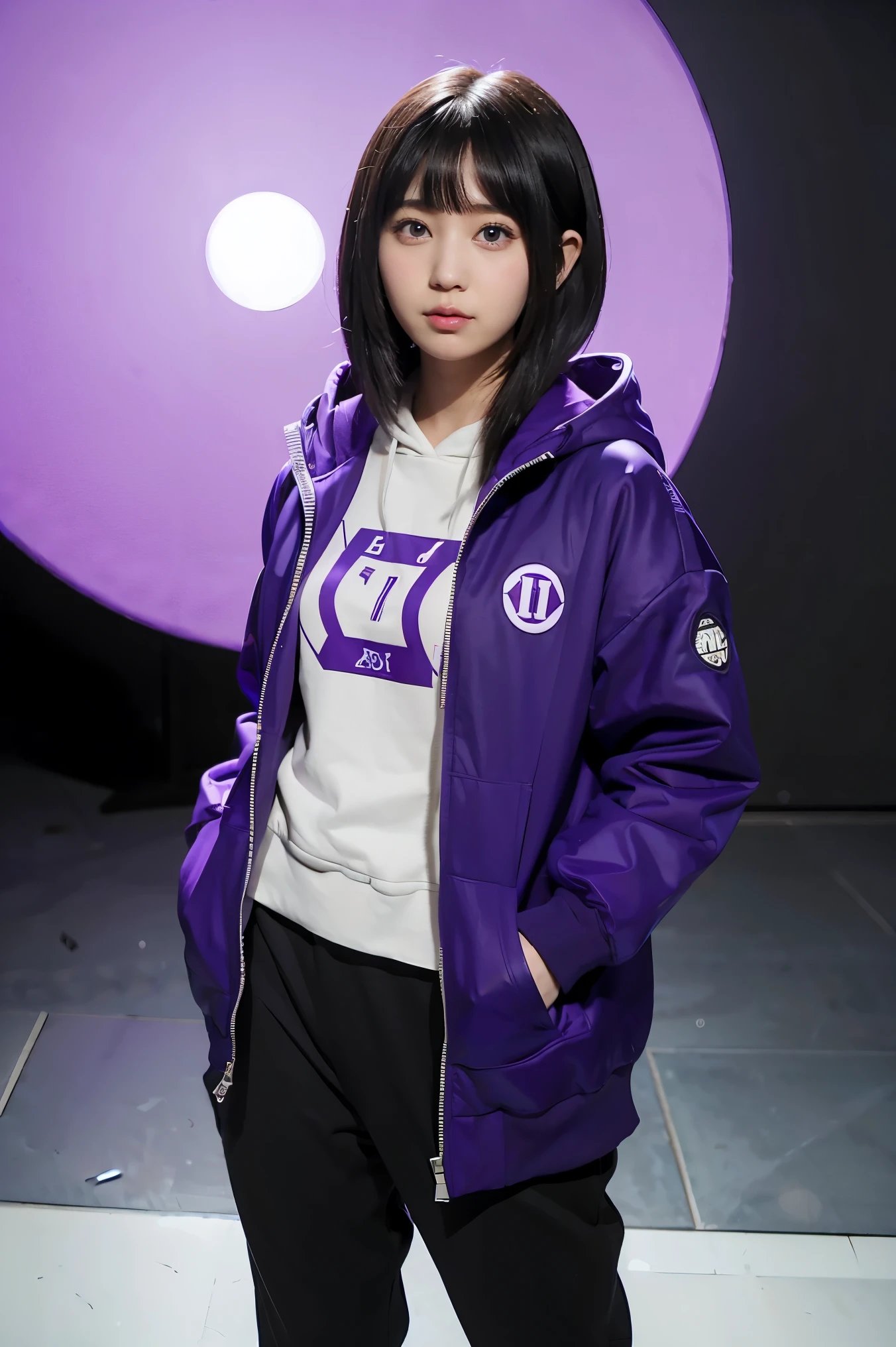 a girl in a purple jacket and black pants standing in front of a circular object, hinata hyuga, hinata hyuga from naruto, dark blue haired girl wearing hoodie, anime girl of the future, blunt bangs, purple eyes, pink lips, dynamic angle