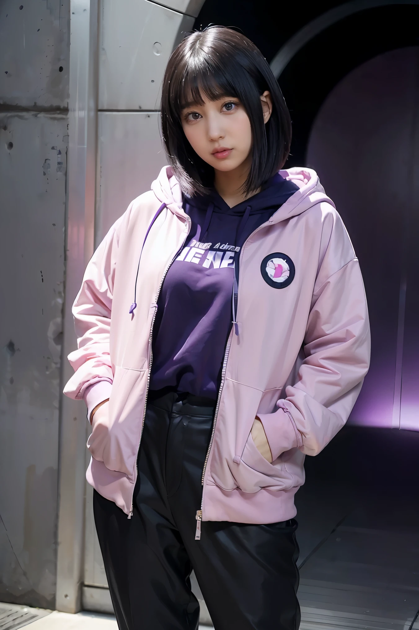 a girl in a purple jacket and black pants standing in front of a circular object, hinata hyuga, hinata hyuga from naruto, dark blue haired girl wearing hoodie, anime girl of the future, blunt bangs, purple eyes, pink lips, dynamic angle