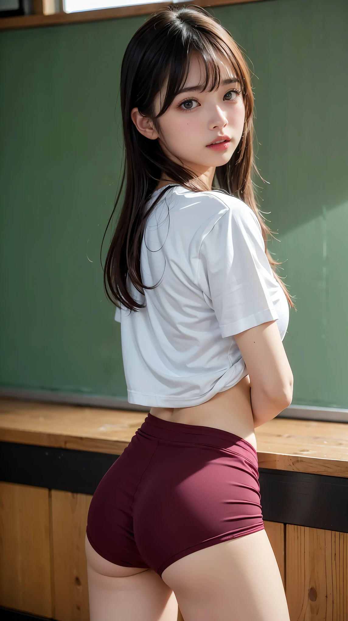 8k、 high definition 、masterpiece、Realistic、 Details、fine texture、頭からThighsまでのポートレート、High contrast、Alone、 high school girls、 I'm fascinated by my natural body、 white skin、 natural makeup、 black hair、bangs、 long straight hair、Watery eyes、((School-designated gym clothes))(( The upper body is a white gym uniform 、Long Length、Short sleeve、 contains wine red lines ))、(( is a tight red wine bloomer))、、Big Breasts、、(( I wear gym clothes for my upper body ))、((The background is a school classroom))、 Looking at the camera 、Watch for buttocks 、Thighsが露出している、Turn around and look at me from behind、((Bloomers dig into her ass、Thighs))