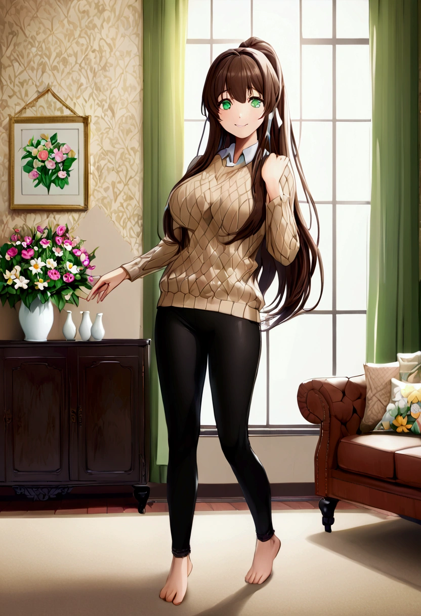 ((full pose:1.5)), ((beige sweater:1.5)), ((black leggings:1.5)), ddlcmonika, blunt bangs, brown hair, (green eyes:1.5), long hair, ponytail, ribbon, white ribbon, hair ribbon, sidelocks, ((happy face:1.4)),
BREAK living room background, ((large breasts:1.4)), 
BREAK (masterpiece:1.2), best quality, high resolution, unity 8k wallpaper, (illustration:0.8), (beautiful detailed eyes:1.6), extremely detailed face, perfect lighting, extremely detailed CG, (perfect hands, perfect anatomy)