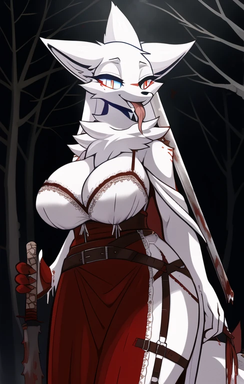  white fur、 fur on FL,  best quality, masterpiece,scary beautiful eyes 、One person、  female fox killer 、 well-groomed face from a sense of distance、Bloody、 shabby white lace dress、belt、 holding a large jagged machete in hand、Tall、Hanging out tongue、 in the Dark Forest