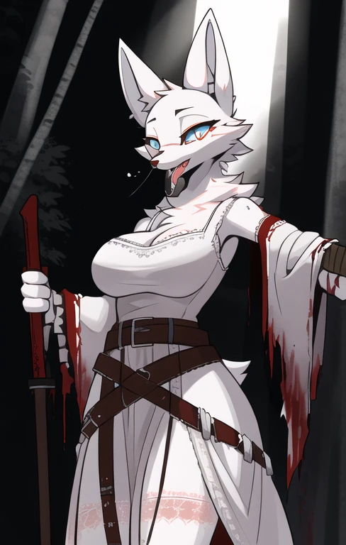  white fur、 fur on FL,  best quality, masterpiece,scary beautiful eyes 、One person、  female fox killer 、 well-groomed face from a sense of distance、Bloody、 shabby white lace dress、belt、 holding a large jagged machete in hand、Tall、Hanging out tongue、 in the Dark Forest