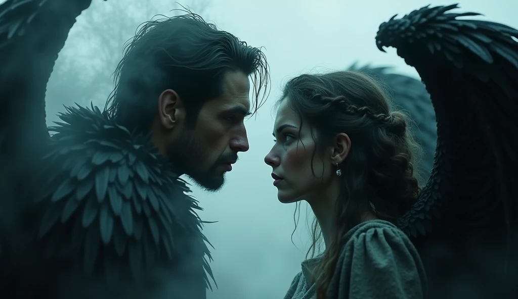 A werewolf and a woml with ambiguous expressions,Fique ao lado de um Garoto Vampiro com cabelos longos e pretos com olhos azuis, roupa vitoriana, garoto bravo,alta qulidade,cinematic movie photograph,alto detalhe,A high resolution,8k,luz iluminada