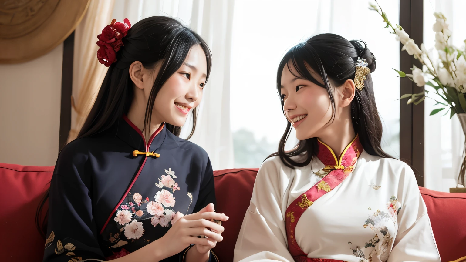 Close-up of two Chinese women sitting next to each other on a cozy sofa, dressed in traditional Chinese attire. Both women are wearing elegant, colorful qipaos with intricate floral patterns. They have long black hair styled in traditional updos, adorned with delicate hairpins. The women are smiling gently, with soft expressions, and are sitting close together in a relaxed yet graceful posture. The background is softly blurred, with a warm, inviting atmosphere, featuring traditional Chinese elements like silk cushions, ornate vases, and soft lighting