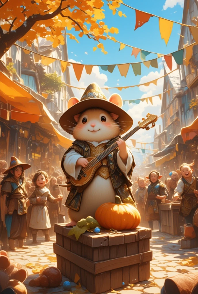 (Visualize a whimsical scene set in a bustling, fantastical harbor town on Thanksgiving Day, where an adorable hamster bard captivates the crowd with its music and stories. This petite creature stands on a wooden crate next to a cobblestone street, adorned in a brocaded vest and a wide-brimmed hat adorned with shimmering leaves. Its lute is decorated with fine silver strings that glisten under the afternoon sun. Around it, a variety of fantastical humanoid creatures - elves, dwarves, and fairies - gather in joyful camaraderie. Stalls teeming with Thanksgiving treats, from spiced pumpkin pies to hearty breads, line the street. Vibrant banners flutter overhead, celebrating a season of gratitude and festivity. The hamster's tiny paws dance over the lute strings, filling the air with enchanting melodies that tell stories of heroic journeys and mythical lands, drawing smiles and laughter from everyone present.)