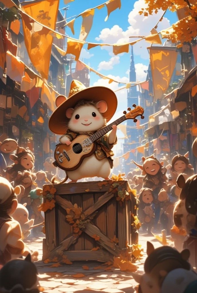 (Visualize a whimsical scene set in a bustling, fantastical harbor town on Thanksgiving Day, where an adorable hamster bard captivates the crowd with its music and stories. This petite creature stands on a wooden crate next to a cobblestone street, adorned in a brocaded vest and a wide-brimmed hat adorned with shimmering leaves. Its lute is decorated with fine silver strings that glisten under the afternoon sun. Around it, a variety of fantastical humanoid creatures - elves, dwarves, and fairies - gather in joyful camaraderie. Stalls teeming with Thanksgiving treats, from spiced pumpkin pies to hearty breads, line the street. Vibrant banners flutter overhead, celebrating a season of gratitude and festivity. The hamster's tiny paws dance over the lute strings, filling the air with enchanting melodies that tell stories of heroic journeys and mythical lands, drawing smiles and laughter from everyone present.)