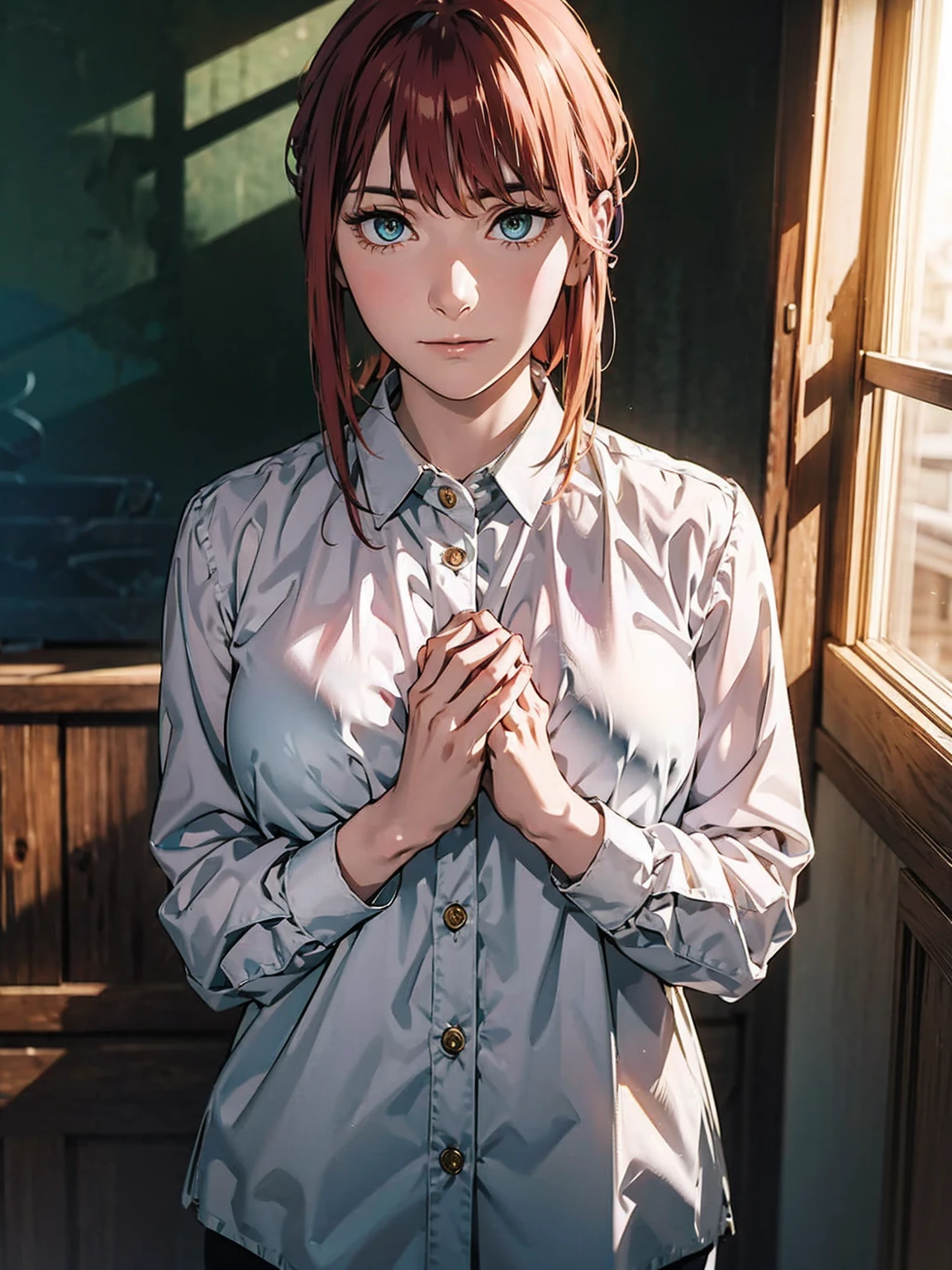 ( Front View ) Woman standing with her hands together in front of her chest, (Makima、 shirt,  ties, pants:0.5) (Realistic detailed face), ( High Details ), , Symmetrical face, Detailed Students, 's expressive eyes , Real Photo, Contemporary look, 
