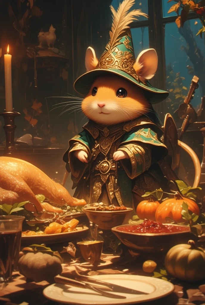 (Visualize a whimsical scene set in a bustling, fantastical harbor town on Thanksgiving Day, where an adorable hamster bard captivates the crowd with its music and stories. This petite creature stands on a wooden crate next to a cobblestone street, adorned in a brocaded vest and a wide-brimmed hat adorned with shimmering leaves. Its lute is decorated with fine silver strings that glisten under the afternoon sun. Around it, a variety of fantastical humanoid creatures - elves, dwarves, and fairies - gather in joyful camaraderie. Stalls teeming with Thanksgiving treats, from spiced pumpkin pies to hearty breads, line the street. Vibrant banners flutter overhead, celebrating a season of gratitude and festivity. The hamster's tiny paws dance over the lute strings, filling the air with enchanting melodies that tell stories of heroic journeys and mythical lands, drawing smiles and laughter from everyone present.)