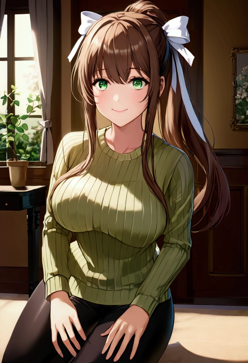 ((full pose:1.5)), ((beige sweater:1.5)), ((black leggings:1.5)), ddlcmonika, blunt bangs, brown hair, (green eyes:1.5), long hair, ponytail, ribbon, white ribbon, hair ribbon, sidelocks, ((happy face:1.4)),
BREAK living room background, ((large breasts:1.4)), 
BREAK (masterpiece:1.2), best quality, high resolution, unity 8k wallpaper, (illustration:0.8), (beautiful detailed eyes:1.6), extremely detailed face, perfect lighting, extremely detailed CG, (perfect hands, perfect anatomy)