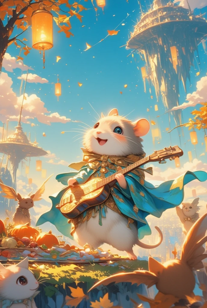 (Visualize a whimsical scene set in a bustling, fantastical harbor town on Thanksgiving Day, where an adorable hamster bard captivates the crowd with its music and stories. This petite creature stands on a wooden crate next to a cobblestone street, adorned in a brocaded vest and a wide-brimmed hat adorned with shimmering leaves. Its lute is decorated with fine silver strings that glisten under the afternoon sun. Around it, a variety of fantastical humanoid creatures - elves, dwarves, and fairies - gather in joyful camaraderie. Stalls teeming with Thanksgiving treats, from spiced pumpkin pies to hearty breads, line the street. Vibrant banners flutter overhead, celebrating a season of gratitude and festivity. The hamster's tiny paws dance over the lute strings, filling the air with enchanting melodies that tell stories of heroic journeys and mythical lands, drawing smiles and laughter from everyone present.)