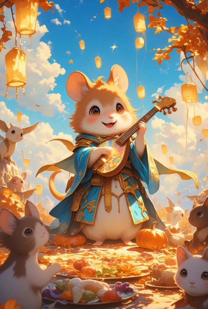 (Visualize a whimsical scene set in a bustling, fantastical harbor town on Thanksgiving Day, where an adorable hamster bard captivates the crowd with its music and stories. This petite creature stands on a wooden crate next to a cobblestone street, adorned in a brocaded vest and a wide-brimmed hat adorned with shimmering leaves. Its lute is decorated with fine silver strings that glisten under the afternoon sun. Around it, a variety of fantastical humanoid creatures - elves, dwarves, and fairies - gather in joyful camaraderie. Stalls teeming with Thanksgiving treats, from spiced pumpkin pies to hearty breads, line the street. Vibrant banners flutter overhead, celebrating a season of gratitude and festivity. The hamster's tiny paws dance over the lute strings, filling the air with enchanting melodies that tell stories of heroic journeys and mythical lands, drawing smiles and laughter from everyone present.)