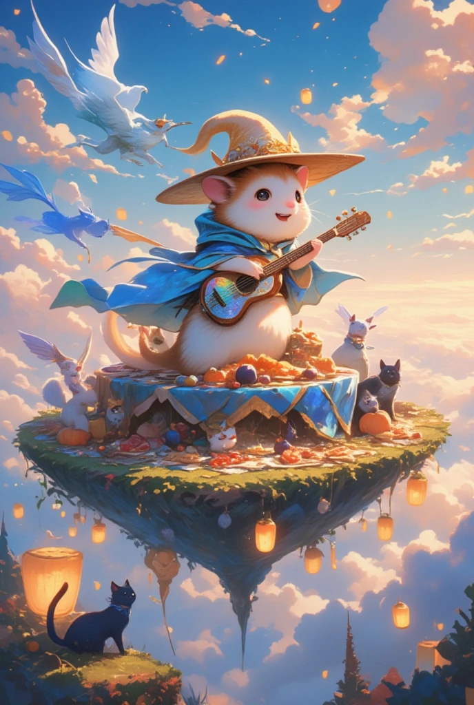 (Visualize a whimsical scene set in a bustling, fantastical harbor town on Thanksgiving Day, where an adorable hamster bard captivates the crowd with its music and stories. This petite creature stands on a wooden crate next to a cobblestone street, adorned in a brocaded vest and a wide-brimmed hat adorned with shimmering leaves. Its lute is decorated with fine silver strings that glisten under the afternoon sun. Around it, a variety of fantastical humanoid creatures - elves, dwarves, and fairies - gather in joyful camaraderie. Stalls teeming with Thanksgiving treats, from spiced pumpkin pies to hearty breads, line the street. Vibrant banners flutter overhead, celebrating a season of gratitude and festivity. The hamster's tiny paws dance over the lute strings, filling the air with enchanting melodies that tell stories of heroic journeys and mythical lands, drawing smiles and laughter from everyone present.)