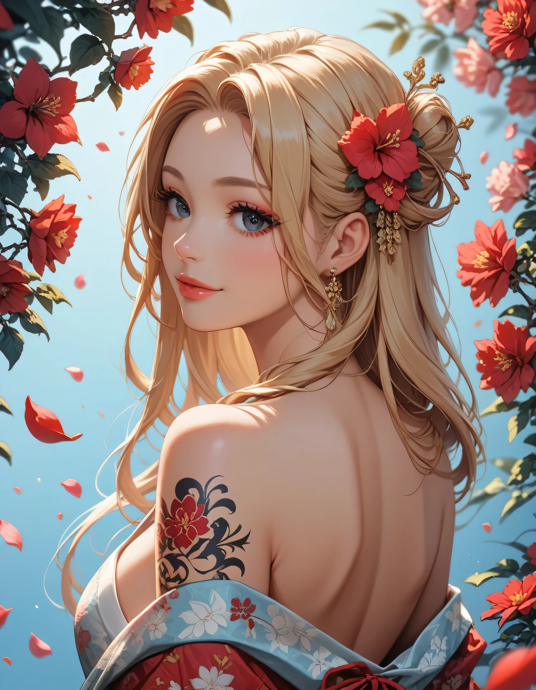 score_9, score_8_up, score_7_up, 1girl, floral kimono, exposed shoulders, from side, beautiful face, thick eyelashes, glossy eyes, blonde hair long hair, cute smile, dark eyeshadow, shoulders tattoos, back tattoos, floral decoration in hair, sakura petals, beautifully backlit, wideshot, tsukuyomi