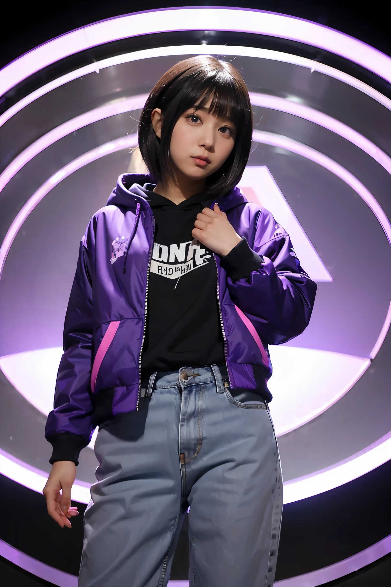 a girl in a purple jacket and black pants standing in front of a circular object, hinata hyuga, hinata hyuga from naruto, dark blue haired girl wearing hoodie, anime girl of the future, blunt bangs, purple eyes, pink lips, dynamic angle