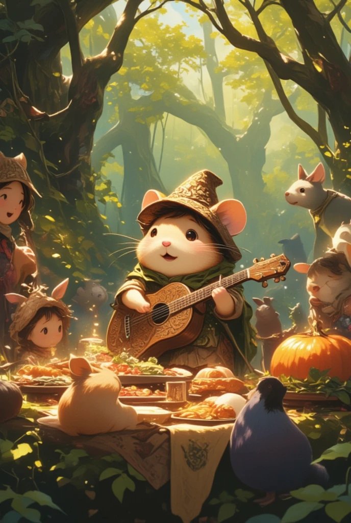 (Visualize a whimsical scene set in a bustling, fantastical harbor town on Thanksgiving Day, where an adorable hamster bard captivates the crowd with its music and stories. This petite creature stands on a wooden crate next to a cobblestone street, adorned in a brocaded vest and a wide-brimmed hat adorned with shimmering leaves. Its lute is decorated with fine silver strings that glisten under the afternoon sun. Around it, a variety of fantastical humanoid creatures - elves, dwarves, and fairies - gather in joyful camaraderie. Stalls teeming with Thanksgiving treats, from spiced pumpkin pies to hearty breads, line the street. Vibrant banners flutter overhead, celebrating a season of gratitude and festivity. The hamster's tiny paws dance over the lute strings, filling the air with enchanting melodies that tell stories of heroic journeys and mythical lands, drawing smiles and laughter from everyone present.)