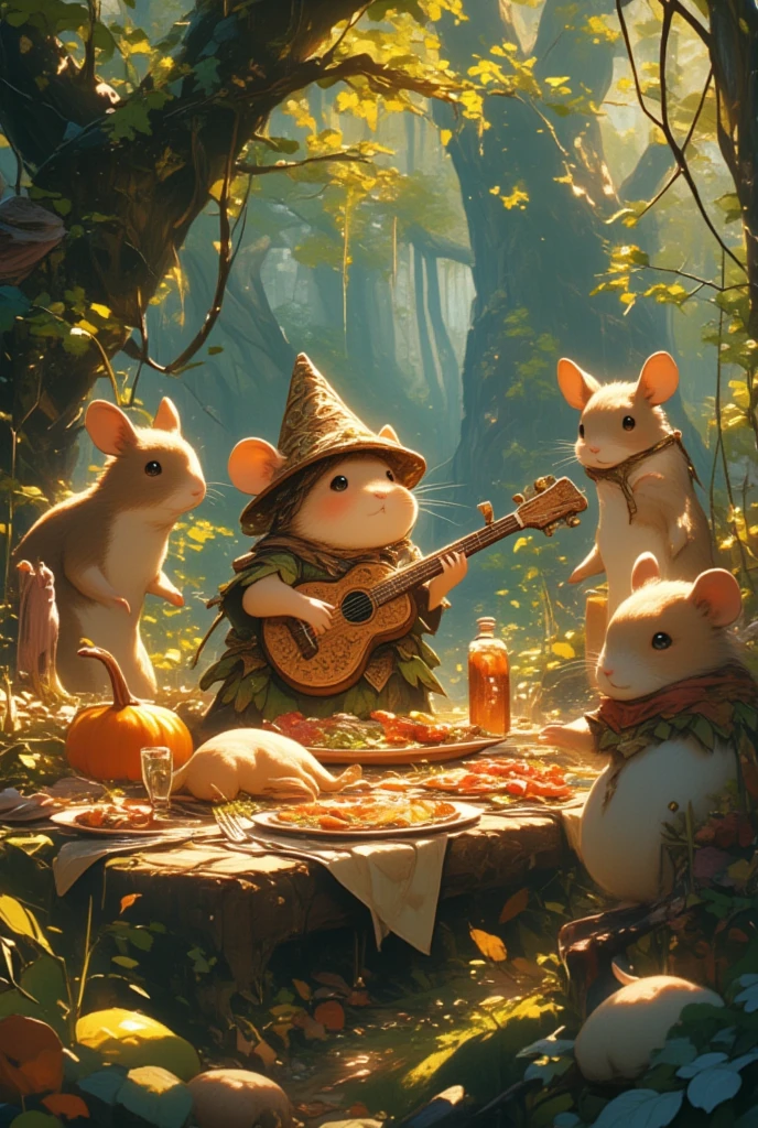 (Visualize a whimsical scene set in a bustling, fantastical harbor town on Thanksgiving Day, where an adorable hamster bard captivates the crowd with its music and stories. This petite creature stands on a wooden crate next to a cobblestone street, adorned in a brocaded vest and a wide-brimmed hat adorned with shimmering leaves. Its lute is decorated with fine silver strings that glisten under the afternoon sun. Around it, a variety of fantastical humanoid creatures - elves, dwarves, and fairies - gather in joyful camaraderie. Stalls teeming with Thanksgiving treats, from spiced pumpkin pies to hearty breads, line the street. Vibrant banners flutter overhead, celebrating a season of gratitude and festivity. The hamster's tiny paws dance over the lute strings, filling the air with enchanting melodies that tell stories of heroic journeys and mythical lands, drawing smiles and laughter from everyone present.)