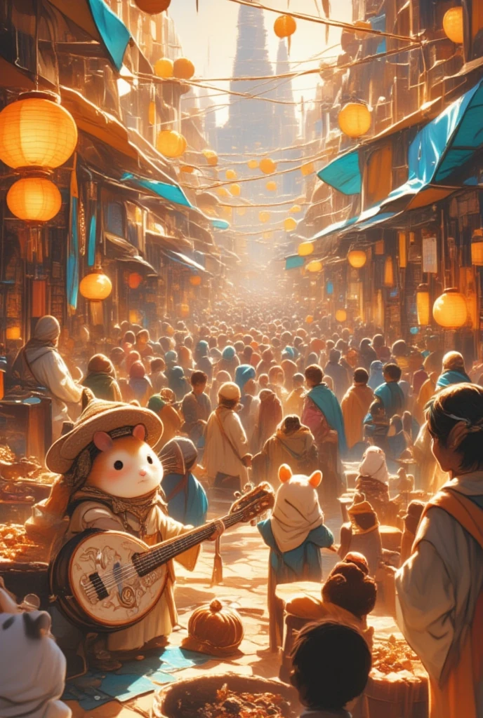 (Visualize a whimsical scene set in a bustling, fantastical harbor town on Thanksgiving Day, where an adorable hamster bard captivates the crowd with its music and stories. This petite creature stands on a wooden crate next to a cobblestone street, adorned in a brocaded vest and a wide-brimmed hat adorned with shimmering leaves. Its lute is decorated with fine silver strings that glisten under the afternoon sun. Around it, a variety of fantastical humanoid creatures - elves, dwarves, and fairies - gather in joyful camaraderie. Stalls teeming with Thanksgiving treats, from spiced pumpkin pies to hearty breads, line the street. Vibrant banners flutter overhead, celebrating a season of gratitude and festivity. The hamster's tiny paws dance over the lute strings, filling the air with enchanting melodies that tell stories of heroic journeys and mythical lands, drawing smiles and laughter from everyone present.)