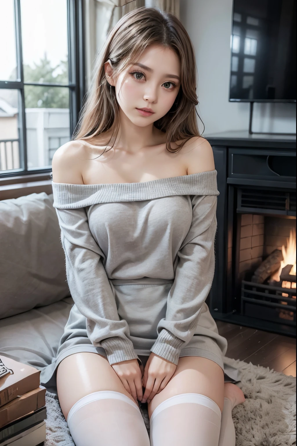 White off-shoulder、 grey miniskirt 、 black stockings 、Living room with fireplace、