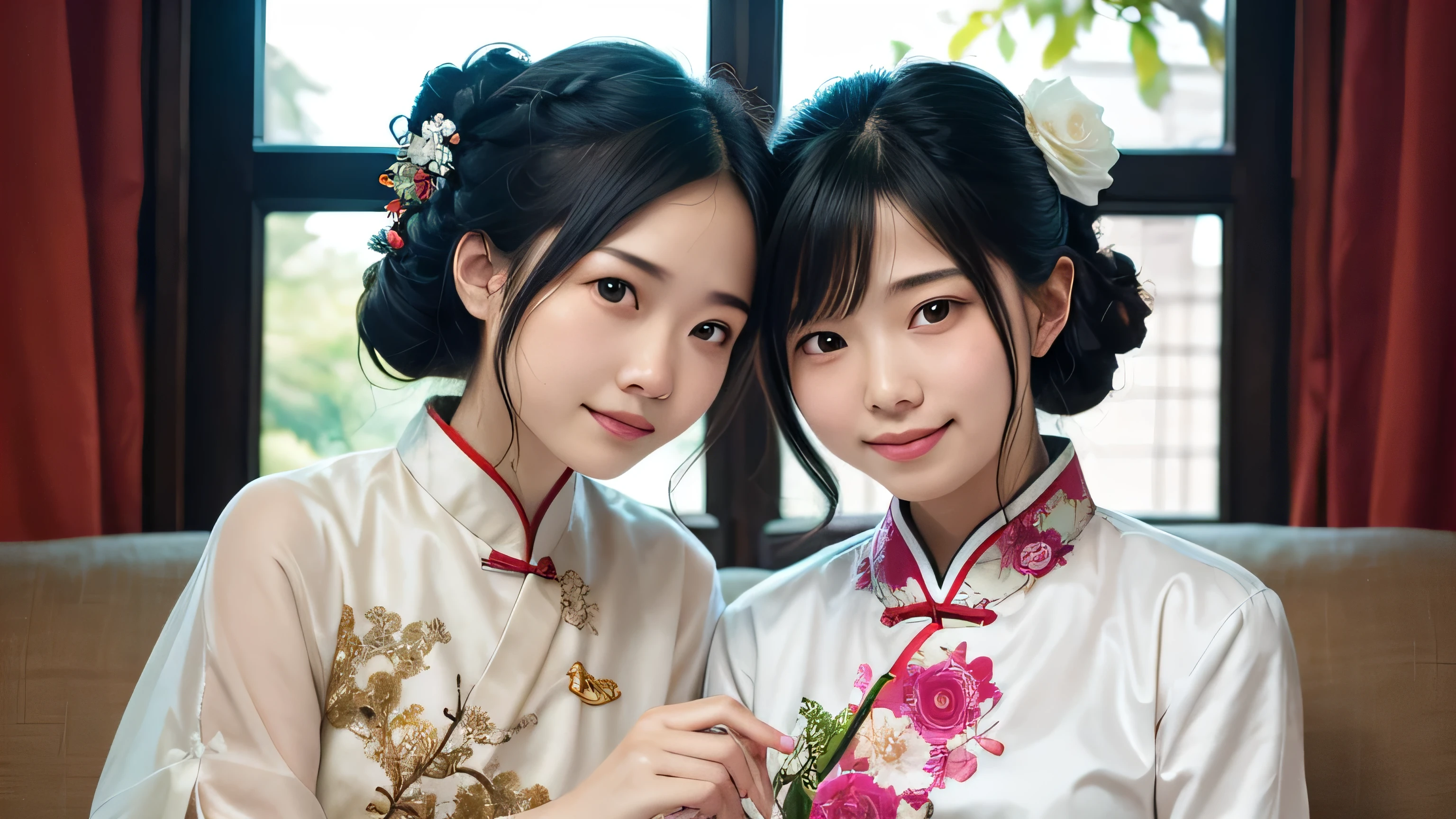 Close-up of two 25-year-old Chinese women sitting next to each other on a cozy sofa, dressed in traditional Chinese attire. Both women are wearing elegant, colorful qipaos with intricate floral patterns. They have long black hair styled in traditional updos, adorned with delicate hairpins. The women are smiling gently, with soft expressions, and are sitting close together in a relaxed yet graceful posture. The background is softly blurred, with a warm, inviting atmosphere, featuring traditional Chinese elements like silk cushions, ornate vases, and soft lighting. The image should be hyper-realistic, with fine details and textures, in 4K resolution, capturing every intricate detail of the qipaos, the women's facial expressions, and the ambient lighting for a lifelike, high-quality visual.