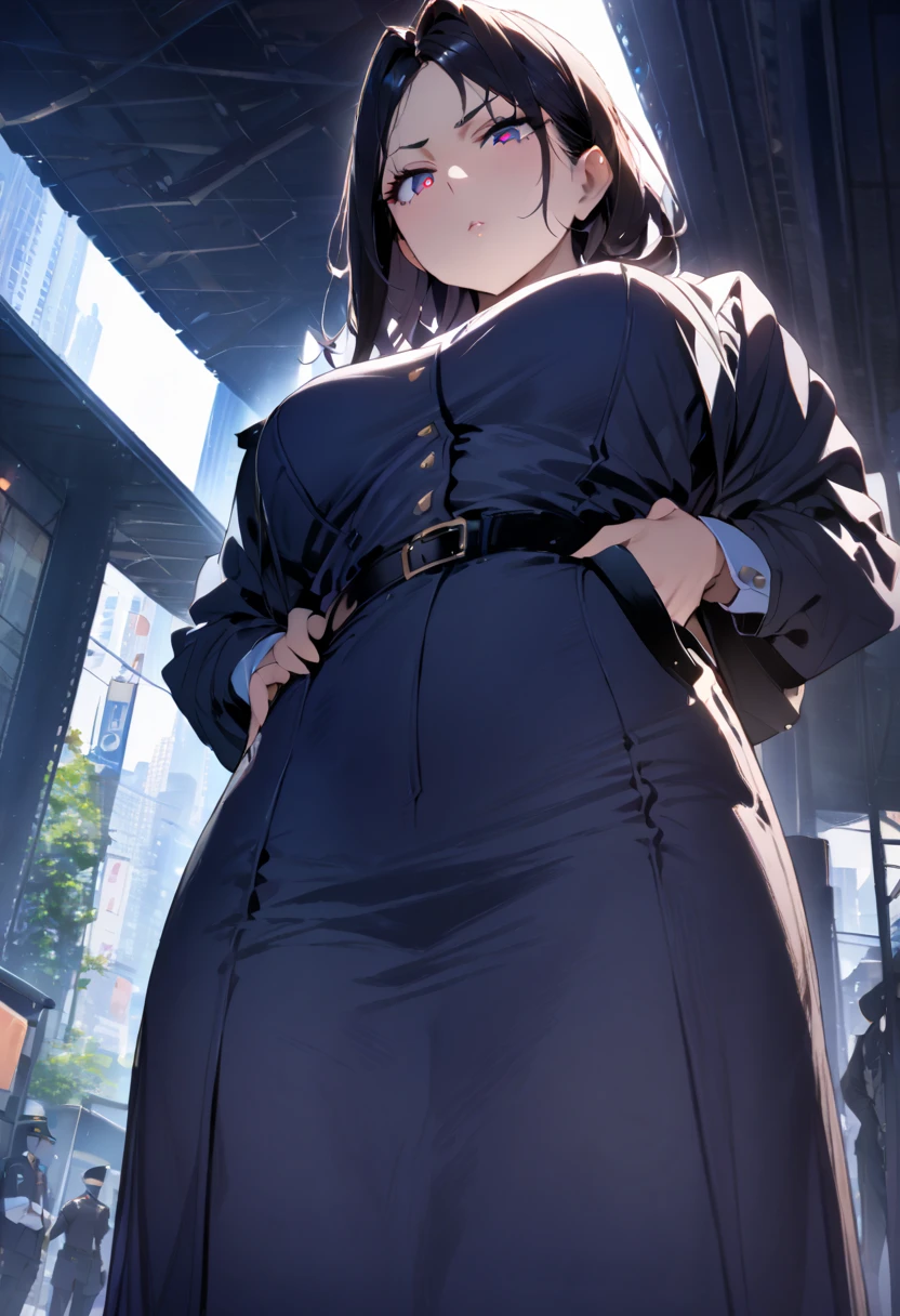 (One tall woman,Black Hair,Long hair,Red Eyes,Dynamic Angle,Large Breasts,Wide thighs)Woman walking on the street,Ruffled shirt,Black long skirt,black tights