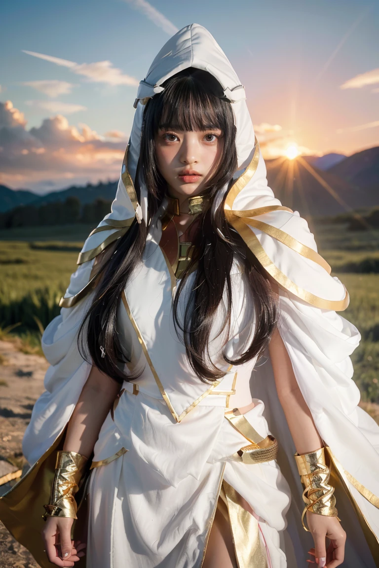 ((masterpiece, best quality, extremely detailed), volumetric lighting, ambient occlusion, colorful, glowing), 1girl, solo, young girl, (dark hair), long hair, ranger suit, hunter class dnd, cloak, (white outfit with gold detailst:1.3), armor, outdoors, sunset, sky, clouds, space, (fantasy theme:1.2),