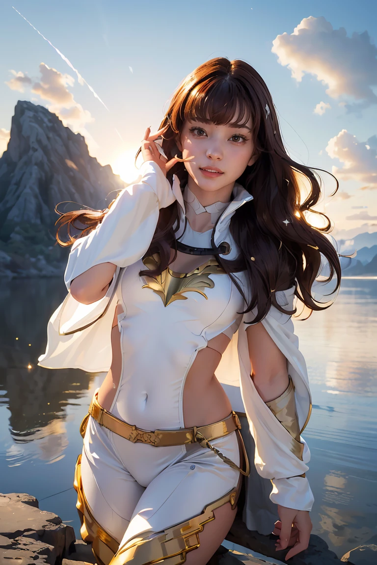 ((masterpiece, best quality, extremely detailed), volumetric lighting, ambient occlusion, colorful, glowing), 1girl, solo, young girl, (dark hair), long hair, ranger suit, hunter class dnd, cloak, (white outfit with gold detailst:1.3), armor, outdoors, sunset, sky, clouds, space, (fantasy theme:1.2),