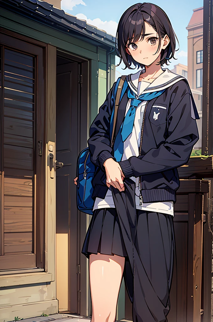 highest quality, Realistic,**** boy disguises himself as a girl and goes to school, erection under clothes, flat chest